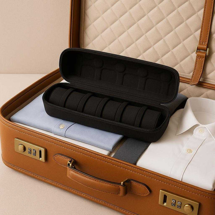 Urkasse med 6 Rum i Sort - Elegant og Beskyttende Opbevaring til Ure med Lynlås. A stylish travel scene where the black watch case sits securely in a luxurious suitcase next to folded clothes, embodying organization and sophistication for a business trip.
