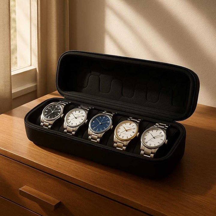Urkasse med 6 Rum i Sort - Elegant og Beskyttende Opbevaring til Ure med Lynlås. The elegant black watch case with six compartments rests open on a sleek wooden dresser, showcasing watches neatly stored inside, with morning sunlight streaming through a window nearby.