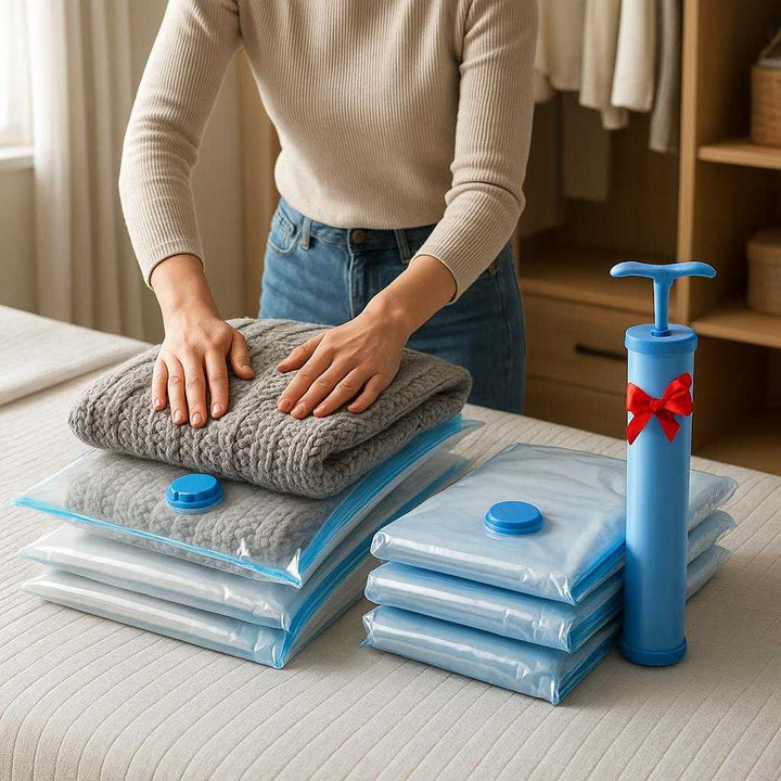 Vakuumposer til tøj - Spar plads med lufttætte poser til opbevaring og rejser: A realistic bedroom setting where the vacuum storage bags are properly grounded on a neatly made bed, being actively packed with winter clothes by a person's hands.