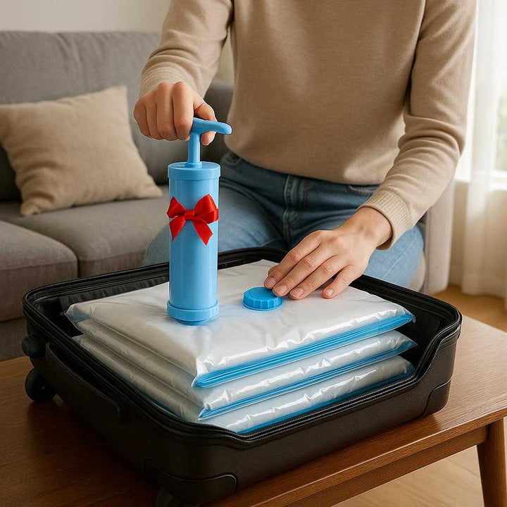 Vakuumposer til tøj - Spar plads med lufttætte poser til opbevaring og rejser: A different realistic travel setting in a modern living room where the vacuum storage bags are securely positioned on an open suitcase on a coffee table, being used to store travel essentials.