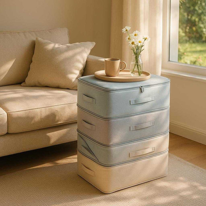 Vakuumposer til tøj og opbevaring - Praktisk, rummelig og stilsikker i lyseblå, grå og beige: A cozy, sun-lit living room, where the vacuum storage bags are stacked beside a plush sofa, doubling as a minimalist side table.