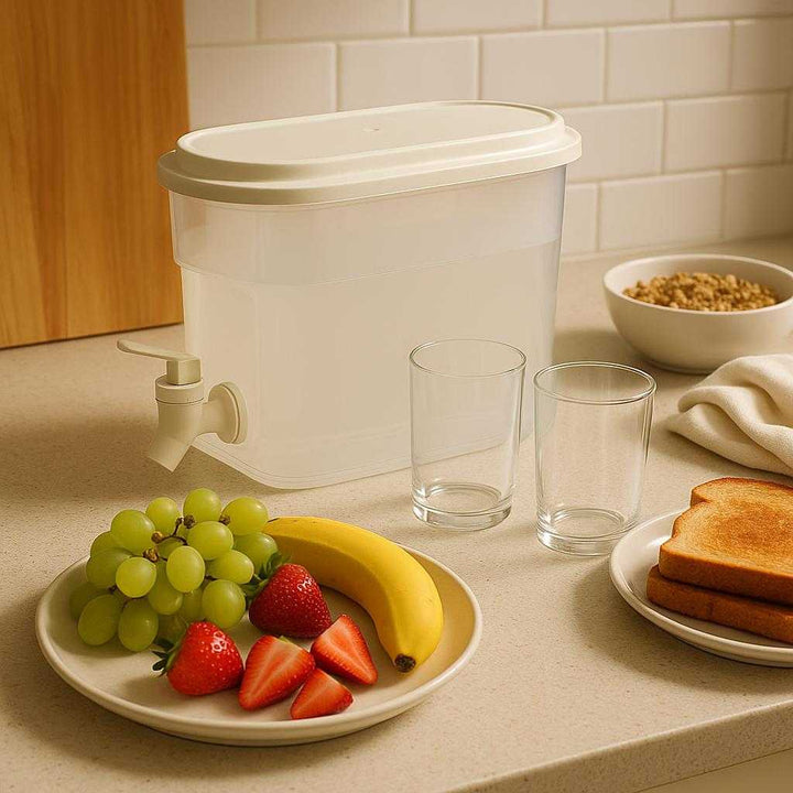 Vandbeholder med Tappehane – Praktisk, Elegant og Høj Kvalitet til Køkken og Kontor. The elegant water container with a tap is placed on a kitchen counter, seamlessly integrated into a busy breakfast setup with fresh fruit and glasses ready to be filled.