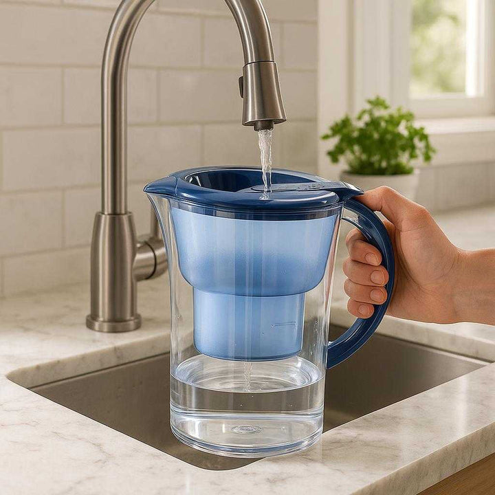 Vandfilterkande Tilbehør og Redskaber - Praktisk Design til Rent Drikkevand: A realistic kitchen setting where the water filter pitcher is properly grounded on a marble countertop, being filled with water by a hand under a modern kitchen faucet.