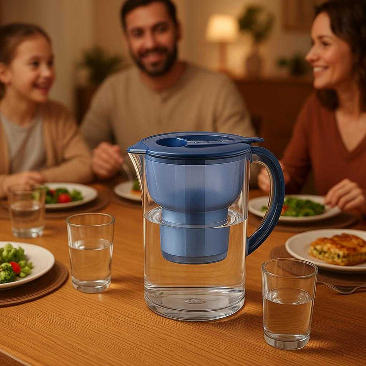 Vandfilterkande Tilbehør og Redskaber - Praktisk Design til Rent Drikkevand: A different realistic dining setting where the water filter pitcher is securely positioned on a wooden dining table, surrounded by a set of glasses, with family members gathering for dinner.