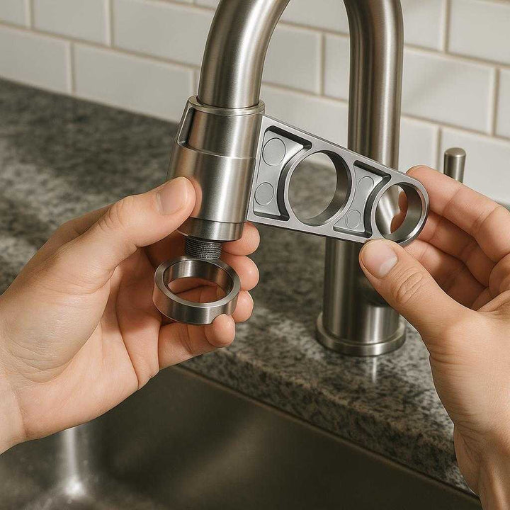 Vandhane lufter i aluminium og metal, holdbar og korrosionsbestandig, 1 stk: A realistic kitchen setting where the Vandhane lufter is properly grounded on a sleek granite countertop, being actively used by a pair of hands installing it onto a faucet, with natural lighting casting realistic shadows and showing clear contact points where the lufter connects to the faucet.