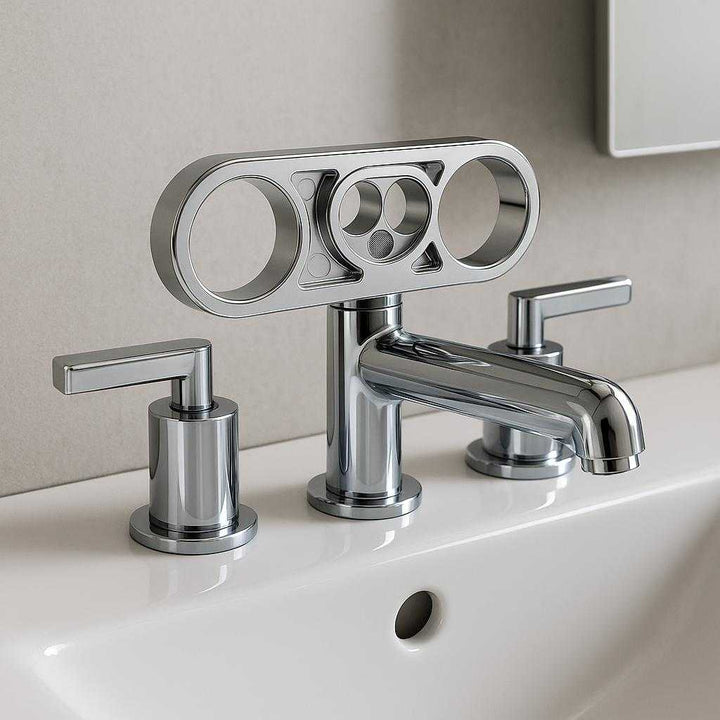 Vandhane lufter i aluminium og metal, holdbar og korrosionsbestandig, 1 stk: A different realistic bathroom setting where the Vandhane lufter is securely positioned on a polished chrome sink fixture, being naturally placed as part of the faucet setup, with proper physics, shadows, and realistic integration into the modern, minimalistic bathroom environment.