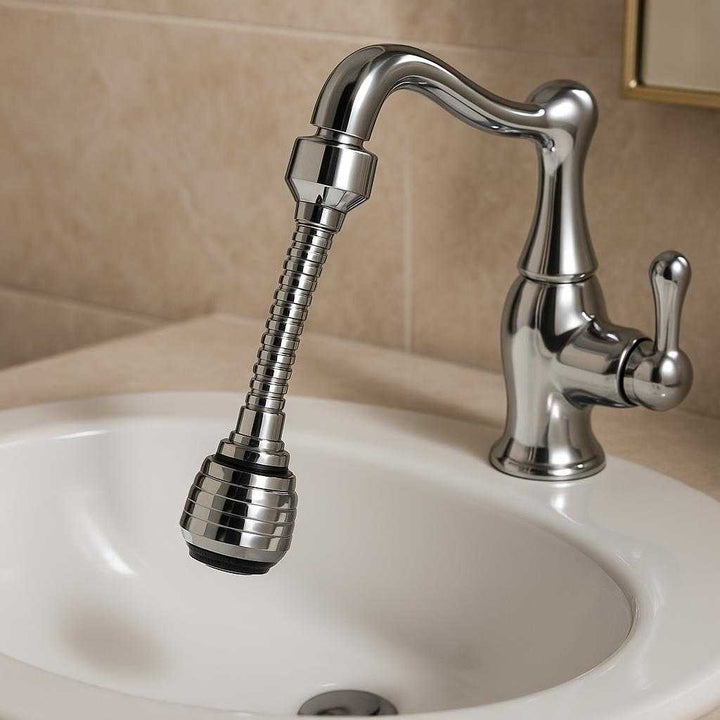 Vandhaneforlænger i Sort med 360 Graders Roterende Funktion - Høj Kvalitet for Køkken & Bad: A different realistic bathroom setting where the product is securely positioned on a bathroom sink faucet, naturally placed in a way that enables easy washing of hands.