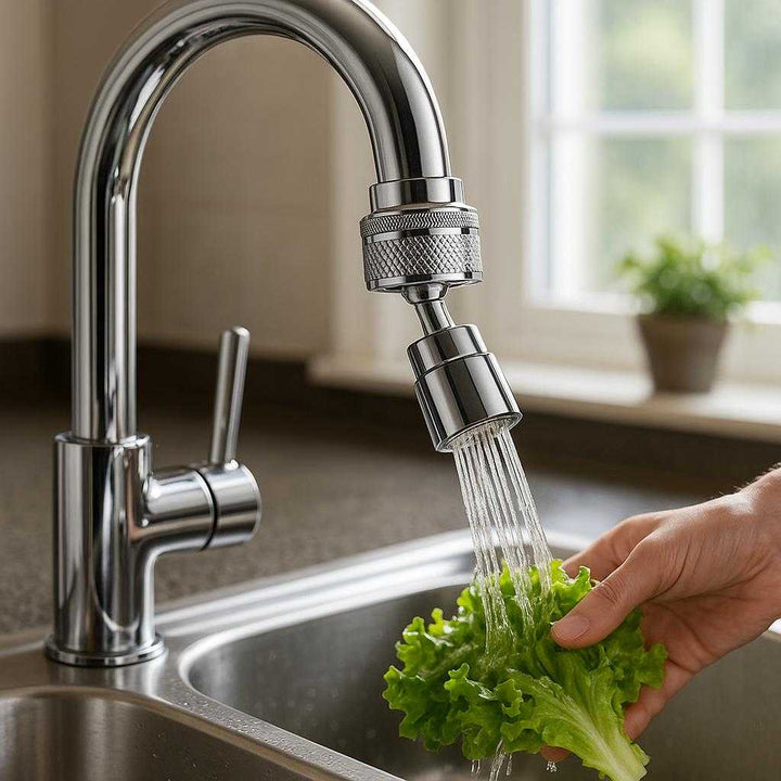 Vandhanehoved med 720 Graders Rotation – Professionel Fleksibilitet og Krom Finish til Optimal Vandkontrol: A realistic modern kitchen setting where the water-saving faucet attachment is properly grounded on a sleek, stainless steel kitchen sink faucet, actively being used by a person washing vegetables.