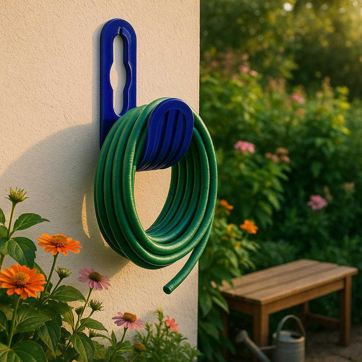 Vandingskrog i moderne design - Praktisk opbevaring til haveslange, vandslange og mere - Tilgængelig i Mørke Blå, Mørkegrøn og Sort: A lush, green garden setting where the product is mounted on an exterior wall, elegantly holding a neatly coiled green garden hose.
