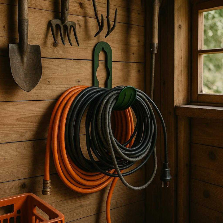 Vandingskrog i moderne design - Praktisk opbevaring til haveslange, vandslange og mere - Tilgængelig i Mørke Blå, Mørkegrøn og Sort: A tidy garage or garden shed interior where the product in Mørkegrøn color is affixed to a wooden panel, supporting various coiled hoses and cables.