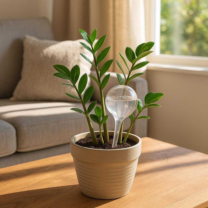Vandingsspyd i Glas - Automatisk Selvvanding til Indendørs og Udendørs Planter: A realistic indoor living room setting where the Vandingsspyd i Glas is properly grounded in a potted plant on a wooden coffee table.