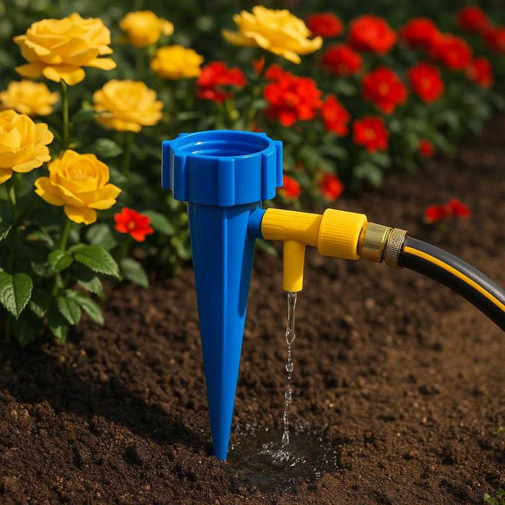 Vandingsspyd i Glas til Haveslange - Automatisk Plantevanding i Moderne Design - Tilgængelig i Blå og Grøn: A realistic garden setting where the product is properly grounded in a flower bed, being actively used to water a row of blooming plants.