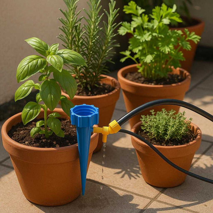 Vandingsspyd i Glas til Haveslange - Automatisk Plantevanding i Moderne Design - Tilgængelig i Blå og Grøn: A different realistic patio setting where the product is securely positioned in a large potted plant, being used to automatically water an array of potted herbs.