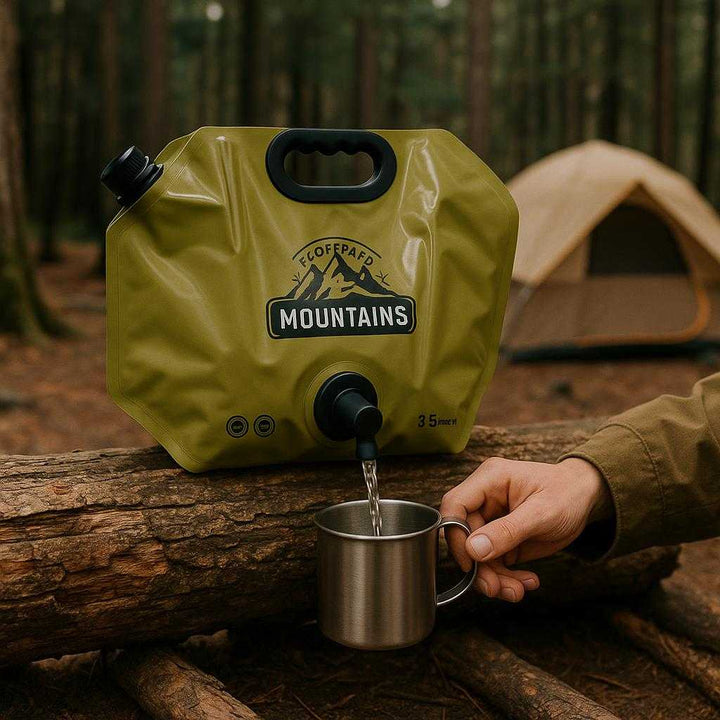 Vandpose 8L med Hane og Håndtag – Professionel Sammenklappelig og Robust Vandopbevaring. The collapsible water container with spout and handle is in use at a bustling campsite, positioned on a log, actively dispensing water into a camper's mug with a tent and forest in the background.