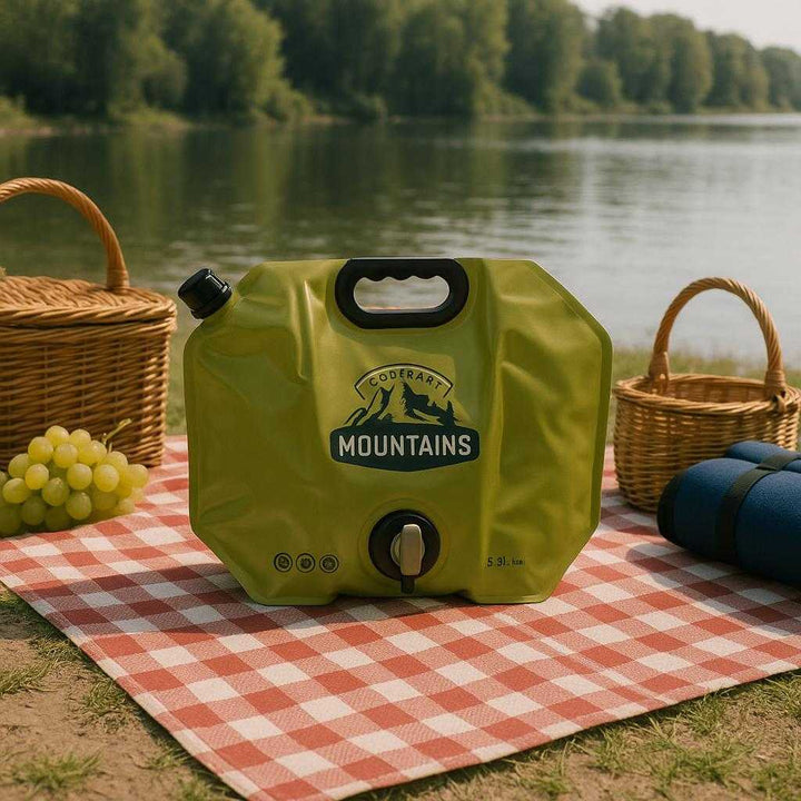 Vandpose 8L med Hane og Håndtag – Professionel Sammenklappelig og Robust Vandopbevaring. The robust green water storage bag sits near a picnic setup by a serene lake, surrounded by picnic baskets and outdoor gear, illustrating its convenience and portability for family outings.