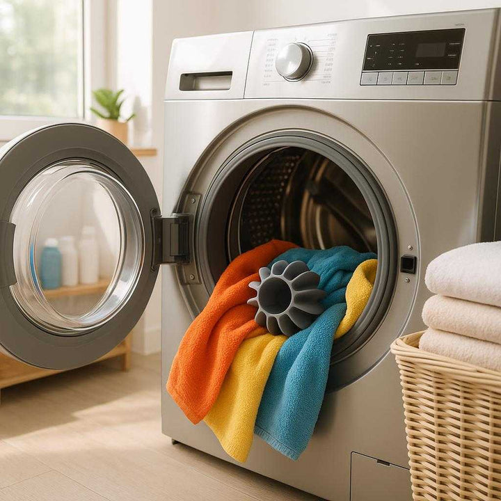 Vaskebold i silikone - Effektiv og skånsom tøjvask i grå og hvid: A modern laundry room, where the silicone washing ball is placed inside an open, stainless steel washing machine filled with a mix of colorful clothes.