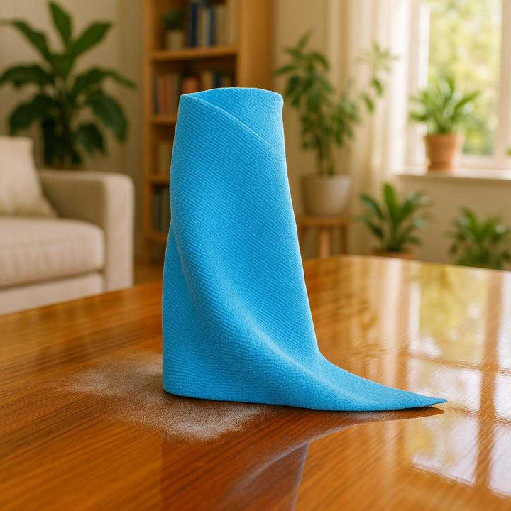 Vaskeklud i Mikrofiber - Skånsom Rengøring og Pleje i Blå, Beige, Grøn, Orange, Silver. A blue microfiber cloth effortlessly wipes away dust on a shiny wooden table in a bright, sunlit living room, with plants and books in the background.