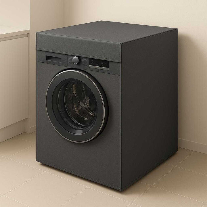Vaskemaskine Betræk i Elegant Design - Beskyt og Forskøn din Maskine med Stil. The elegant washing machine cover is neatly fitted over a modern washing machine in a sleek, minimalist laundry room, highlighting its streamlined design and protective function.
