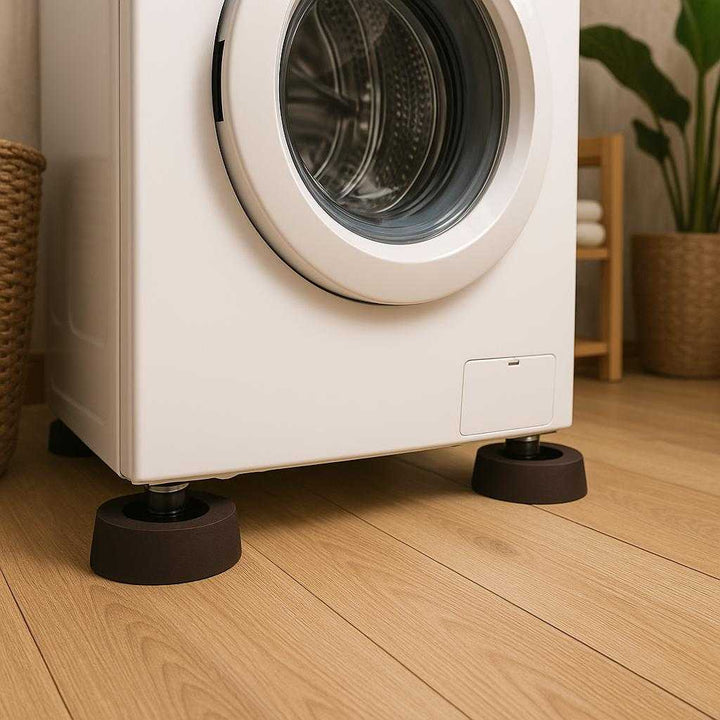 Vaskemaskine Støddæmper – Høj Kvalitet og Stabilitet til Effektiv Støjreduktion i Hjemmet. In an eco-friendly home setting, the washing machine shock absorbers are shown with the washing machine on a wooden floor, highlighting their stability and noise reduction capabilities.