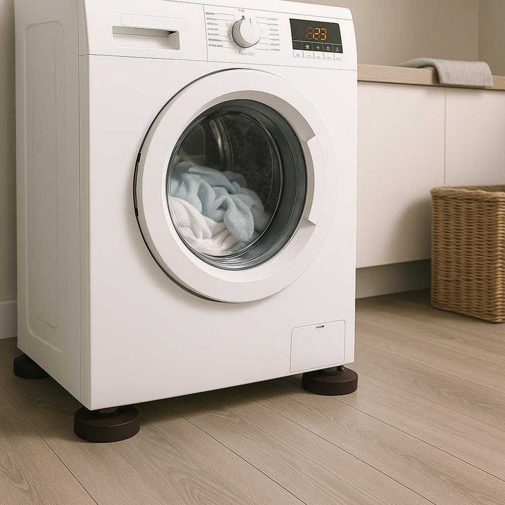 Vaskemaskine Støddæmper – Høj Kvalitet og Stabilitet til Effektiv Støjreduktion i Hjemmet. The high-quality washing machine shock absorbers are securely installed under a washing machine in a modern laundry room, reducing vibration as it runs smoothly without noise.