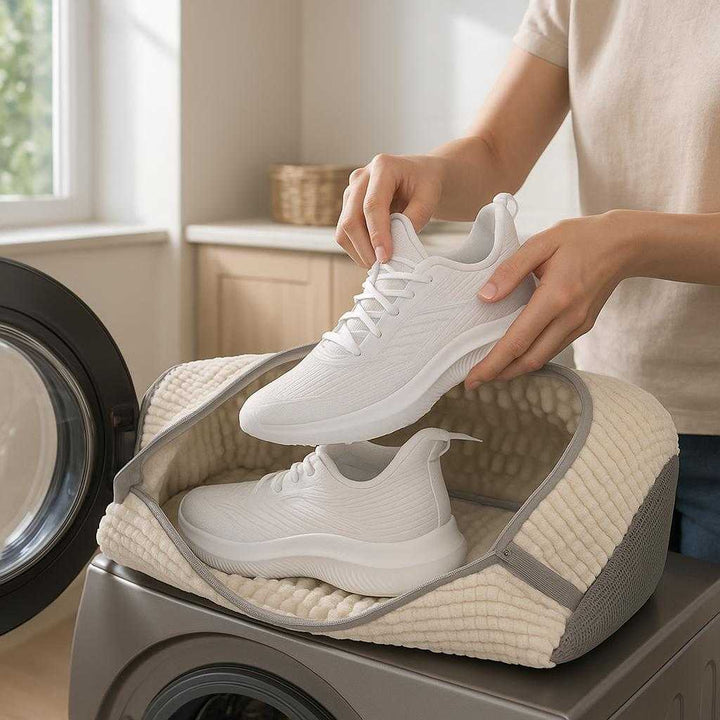 Vaskepose til sko - Stor, moderne og beskyttende - Tilgængelig i grå, blå, beige og gul: A realistic laundry room setting where the product is properly grounded on the open door of a washing machine, being actively used as a person gently places a pair of shoes into the wash bag.
