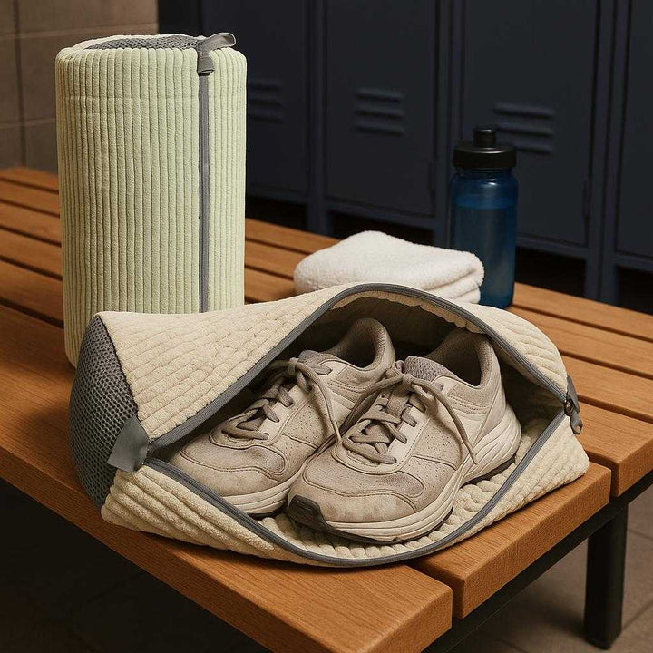 Vaskepose til sko - Stor, moderne og beskyttende - Tilgængelig i grå, blå, beige og gul: A different realistic gym locker room setting where the product is securely positioned on a wooden bench, with a pair of used gym shoes inside the bag.