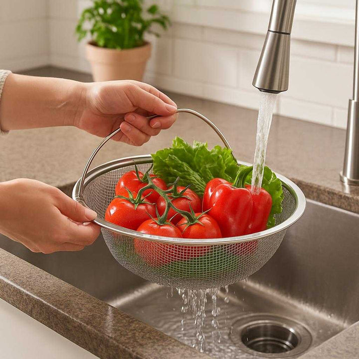Vaskesi i Rustfrit Stål - Multifunktionel og Pladsbesparende med Justerbart Håndtag: A realistic kitchen setting where the product is properly grounded on a countertop, being used by hands to rinse fresh fruits and vegetables.