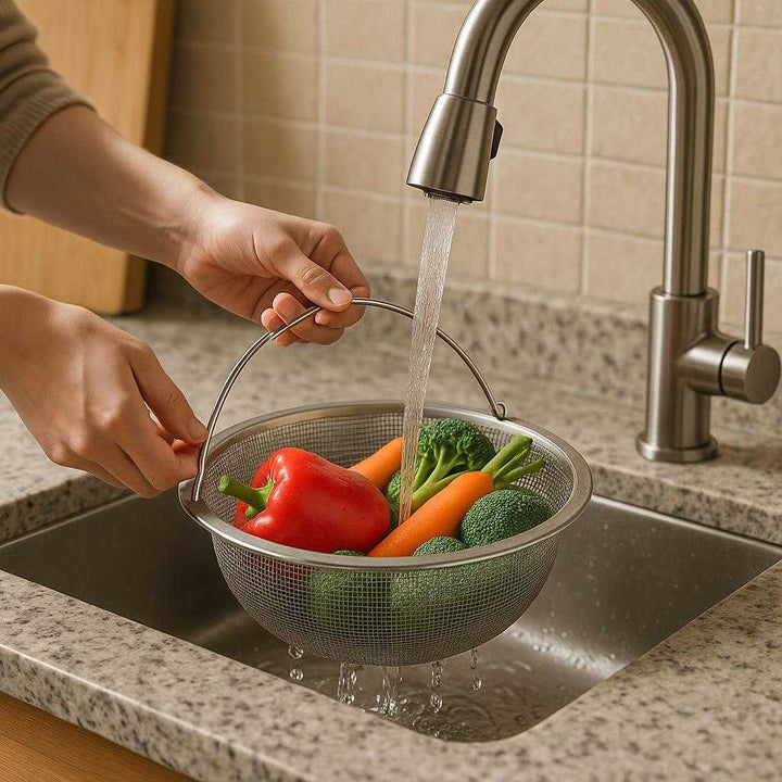 Vaskesi i Rustfrit Stål - Pladsbesparende med Justerbart Håndtag [1 STK/4 STK]: A realistic kitchen setting where the washing bowl is properly grounded on a granite countertop, being actively used to rinse fresh vegetables under a running faucet.