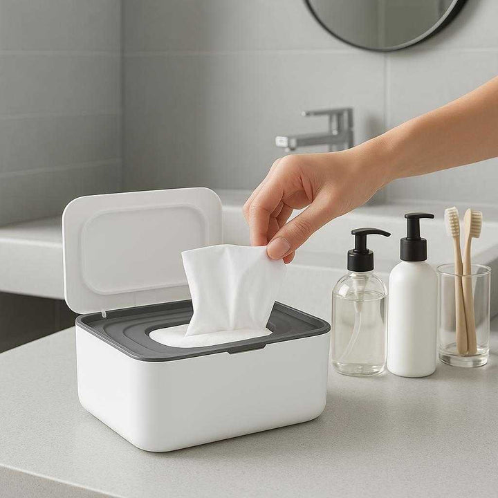 Vådservietboks med Låg i Høj Kvalitet - Stilren og Funktionel Opbevaring til Moderne Hjem. In a modern bathroom with sleek, minimalist decor, the Vådservietboks med Låg is placed on the countertop, with a hand reaching to pull out a wipe, next to neatly organized toiletries.