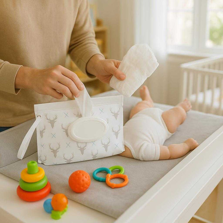 Vådservietetui i Hvid og Sort - Praktisk Opbevaring med Lynlås og Dispenser. The white and black patterned wet wipe case is being used by a parent on a changing table in a brightly lit nursery, with colorful toys scattered around.