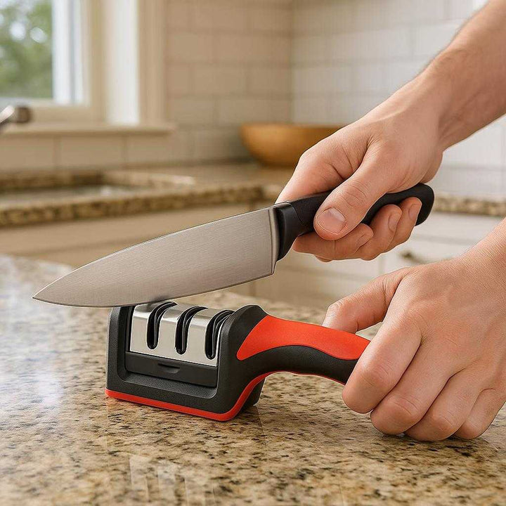 Vedligeholdelse Knivsliber i Sort og Rød - Professionel Ergonomisk Design til Køkkenknive: A realistic kitchen setting where the knife sharpener is properly grounded on a granite kitchen counter, being actively used by a person holding a kitchen knife in one hand and the sharpener in the other, demonstrating the sharpening process.