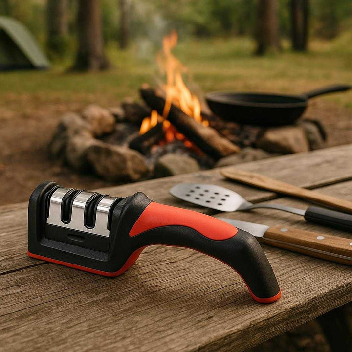 Vedligeholdelse Knivsliber i Sort og Rød - Professionel Ergonomisk Design til Køkkenknive: A different realistic outdoor camping site where the knife sharpener is securely positioned on a wooden picnic table, placed naturally alongside various cooking utensils next to a campfire setup.