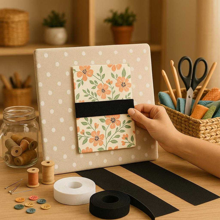 Velcrobånd - Professionel Høj Kvalitet 3m, 5cm, 50mm Sort Tekstil til DIY Projekter. In a cozy crafting room, the versatile black Velcro is used to attach decorative fabric onto a DIY project board, with various crafting materials neatly arranged around it.