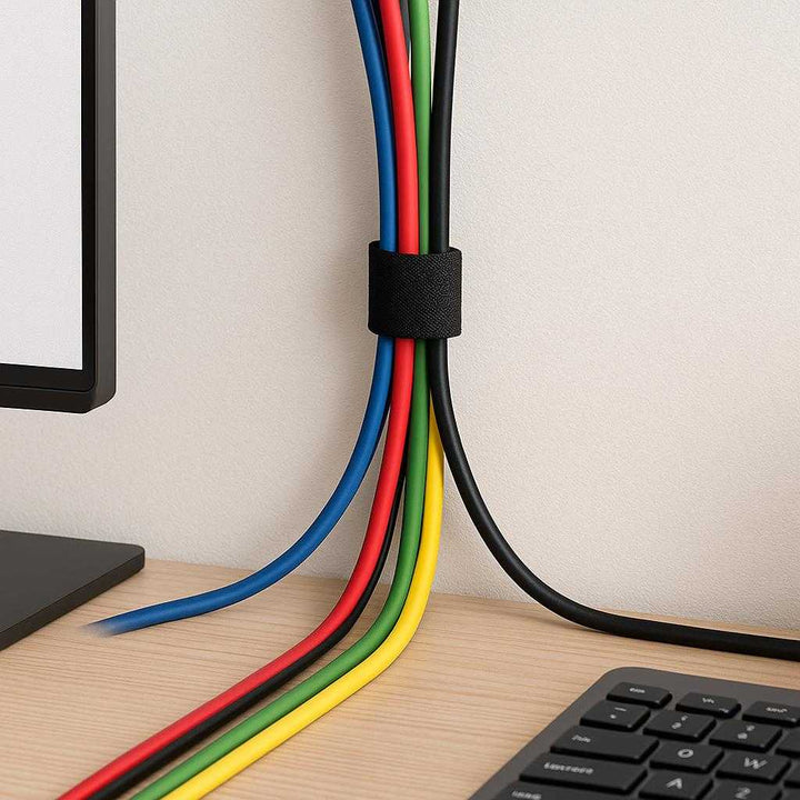 Velcrobånd - Professionel Høj Kvalitet 3m, 5cm, 50mm Sort Tekstil til DIY Projekter. The high-quality black textile Velcro, cut to size, securely fastens a bundle of colorful cables against a wall in a modern home office setup, showcasing neat and organized wiring.