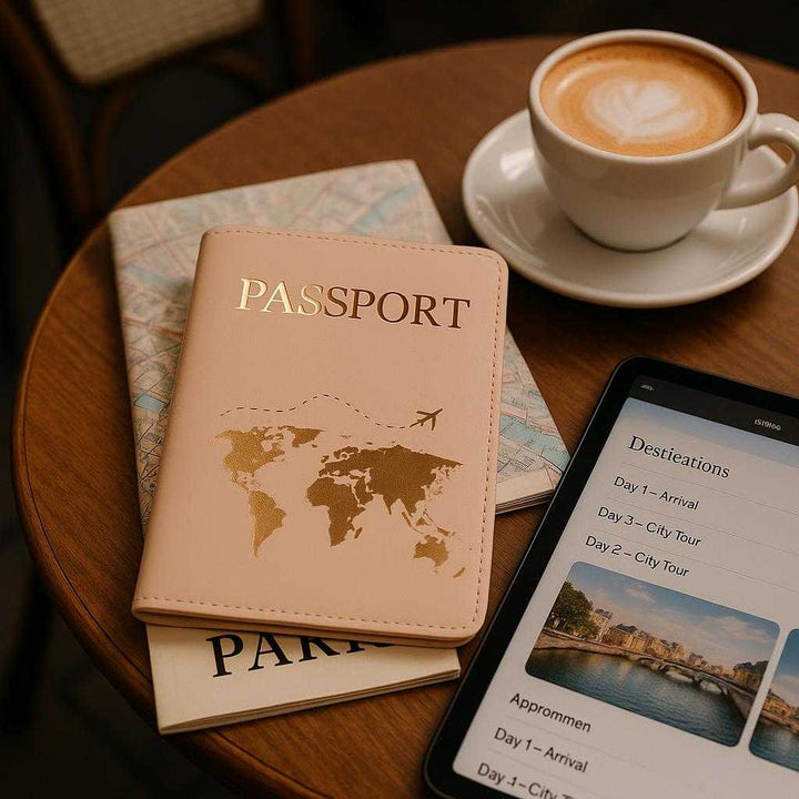 Verdenskortdesign i Kunstlæder – Elegant Rejsepartner med Høj Kvalitet og Stilfuldt Udseende. A stylish passport holder sits atop a map and travel guide at a cozy café table, with a coffee cup and a digital tablet displaying travel itineraries, highlighting an adventurous yet sophisticated lifestyle.
