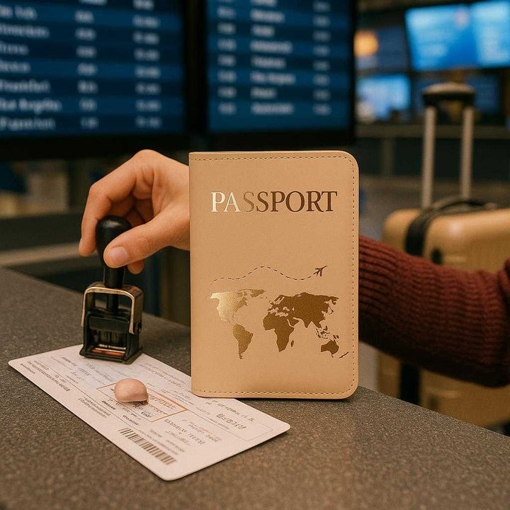 Verdenskortdesign i Kunstlæder – Elegant Rejsepartner med Høj Kvalitet og Stilfuldt Udseende. The elegant art leather passport holder rests on a bustling airport check-in counter as a traveler stamps their boarding pass, a glimpse of a suitcase and destinations shown on screens nearby.
