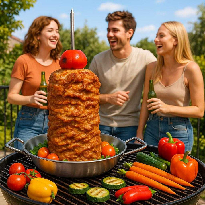 Vertikal Grillspyd i Rustfrit Stål til Hjemmelavet Kebab - Professionel og Funktionel Madlavning. On a sunny patio, the professional kebab skewer stands upright on a grill, surrounded by fresh vegetables ready for a summer barbecue with friends laughing nearby.