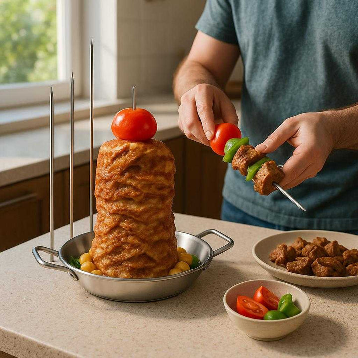 Vertikal Grillspyd i Rustfrit Stål til Hjemmelavet Kebab - Professionel og Funktionel Madlavning: A realistic home kitchen setting where the grill skewers are properly grounded on a countertop, being actively used by hands to prepare a kebab.