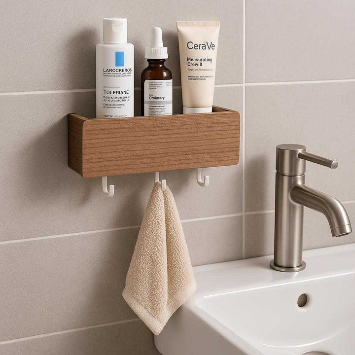 Væghylde i træ med læderrem - Moderne og funktionel opbevaring til hjemmet, Tilgængelig i Hvid og Sort: A different realistic bathroom setting where the shelf is securely positioned above a sink, being used to hold skincare products and a hand towel hanging from the hooks below.
