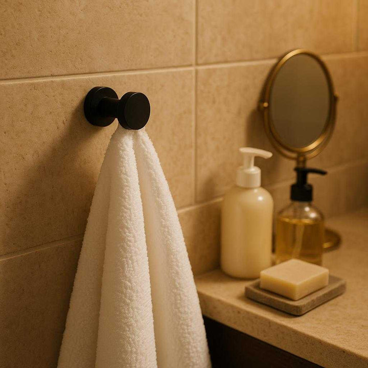 Vægknage i moderne design - Tilgængelig i guld, sort og lyseblå: A different realistic bathroom setting where the black wall hook is securely positioned on a tiled wall, being used to hold a fluffy white towel.