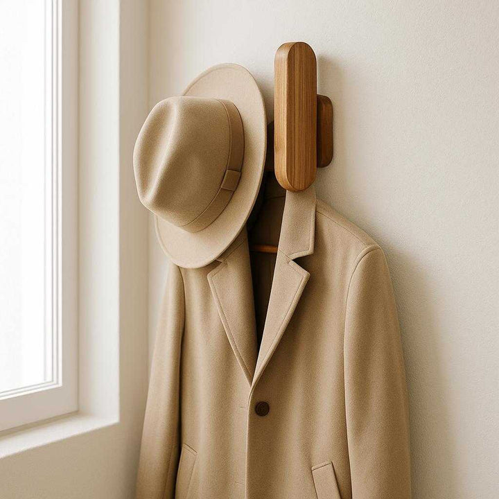 Vægknage i træ – Moderne og pladsbesparende løsning til opbevaring i entréen, badeværelset eller soveværelset. The wooden wall hook is stylishly mounted in a minimalist entryway, holding a chic coat and a trendy hat, illuminated by soft natural light pouring through a nearby window.