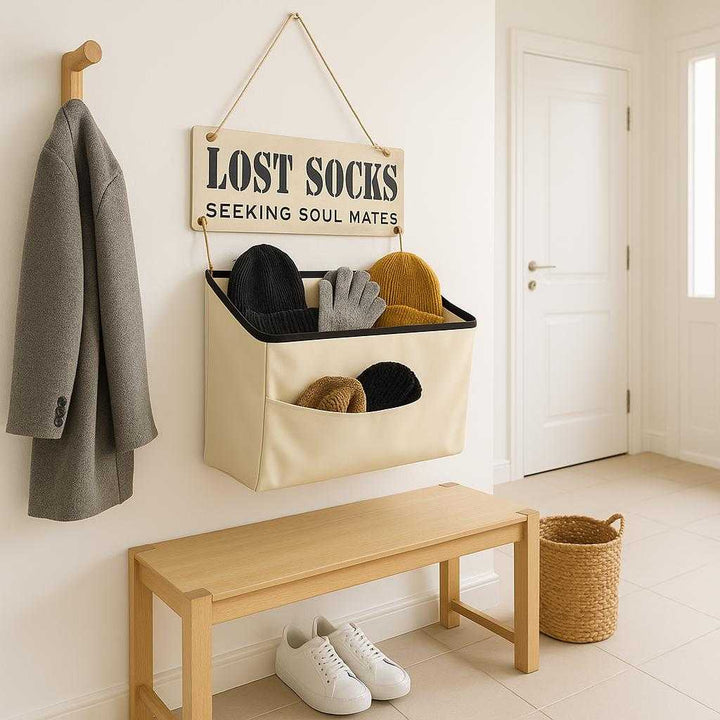 Vægkurv med Skilt – Praktisk og Stilfuld Opbevaring til Sokker og Småting i Skandinavisk Design. In a bright, minimalist hallway entrance, the practical hanging basket labeled 'Lost Socks' holds small everyday items like gloves and hats, adding a touch of humor and organization to the space.