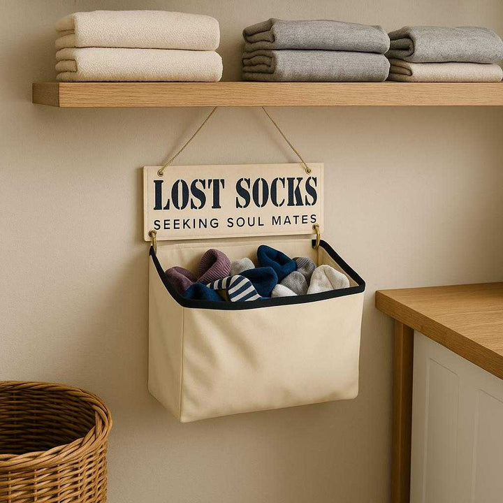 Vægkurv med Skilt – Praktisk og Stilfuld Opbevaring til Sokker og Småting i Skandinavisk Design. The stylish wall-mounted basket with 'Lost Socks' sign hangs in a cozy Scandinavian laundry room, filled with mismatched socks and surrounded by a wooden shelf with neatly folded clothes above it.