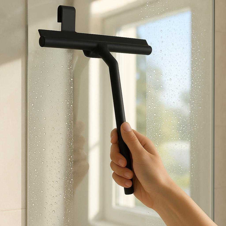 Vindueskraber i silikone - Effektiv og skånsom rengøring af vinduer, spejle og fliser. The sleek black silicone window scraper is used to clean a large bathroom mirror, effortlessly removing water droplets as sunlight streams in through a nearby window.
