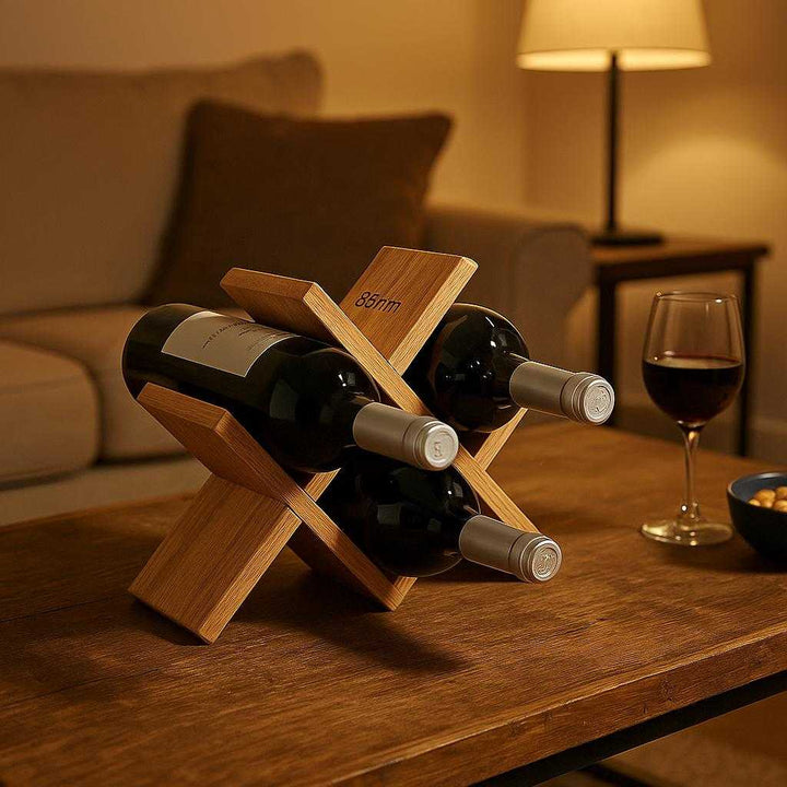 Vinholder i bæredygtigt trædesign - Perfekt til opbevaring og display af vinflasker - Tilgængelig i Mørkebrun, Lysebrun, Sort: A different realistic living room setting where the product is securely positioned on a rustic wooden coffee table, being used to display an assortment of fine wines during a casual gathering.