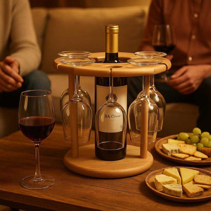 Vinholder i træ med plads til 6 flasker - Moderne og pladsbesparende design: A different realistic living room setting where the product is securely positioned on a wooden coffee table during a social gathering.