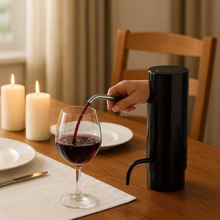 Vinilter til Karaffel og Skænkeprop - Bedste Vinilter i Sort og Sølvfarvet Plastik og Metal: A cozy dining room setting where the product is properly grounded on a wooden dining table, being actively used by an elegant hand pouring wine into a crystal wine glass.