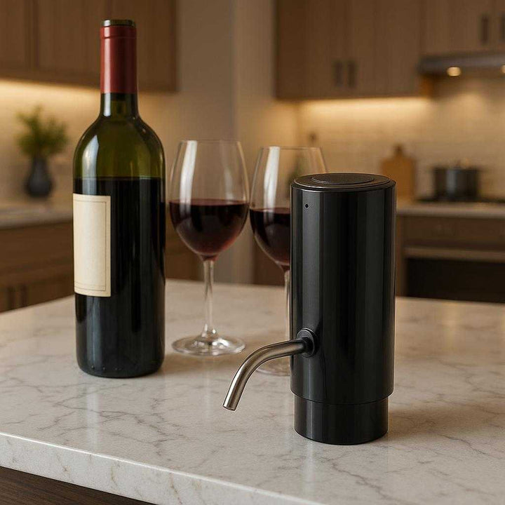 Vinilter til Karaffel og Skænkeprop - Bedste Vinilter i Sort og Sølvfarvet Plastik og Metal: An upscale kitchen bar where the product is securely positioned on a marble countertop, naturally placed alongside an open wine bottle and two filled wine glasses.