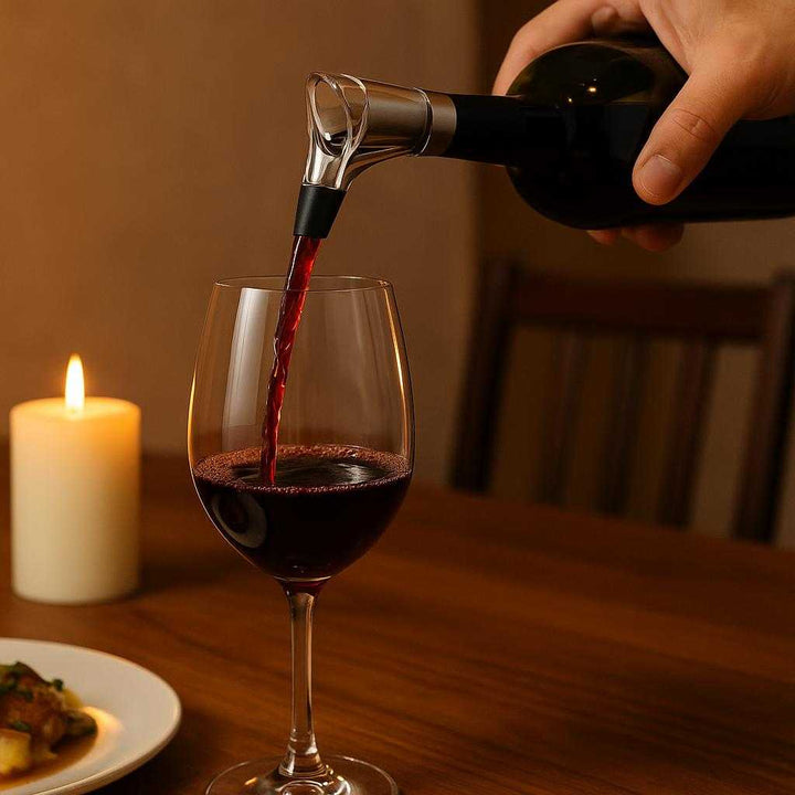 Vinkaraffel med Hældetud og Vinilter - Forbedrer Vinens Smag, Nem Servering, Moderne Design: A realistic, cozy dinner setting where the wine aerator is properly grounded on a wooden dining table, being actively used by a person pouring red wine into a glass, the wine flowing smoothly through the aerator.