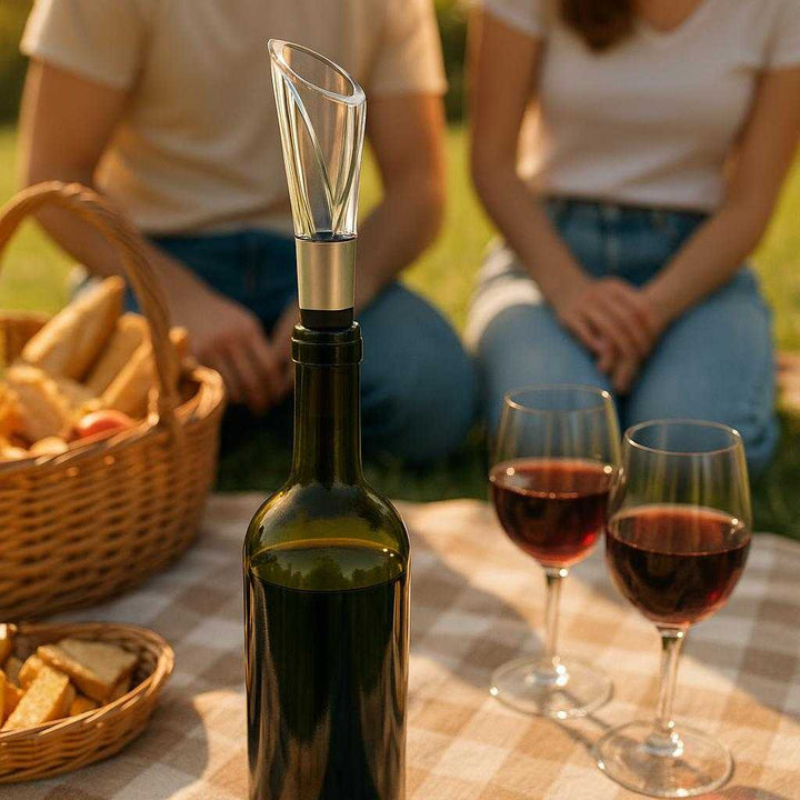 Vinkaraffel med Hældetud og Vinilter - Forbedrer Vinens Smag, Nem Servering, Moderne Design: A different realistic outdoor picnic setting where the wine aerator is securely positioned in a bottle on a picnic blanket, being used by a couple enjoying a sunny day.